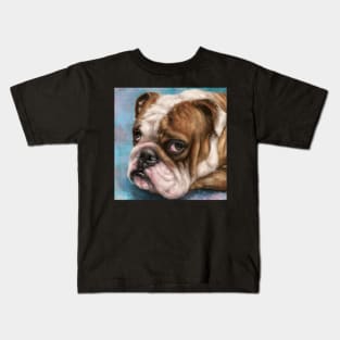 Painting of a Brown and white Bulldog with a Sad Face on Blue Background Kids T-Shirt